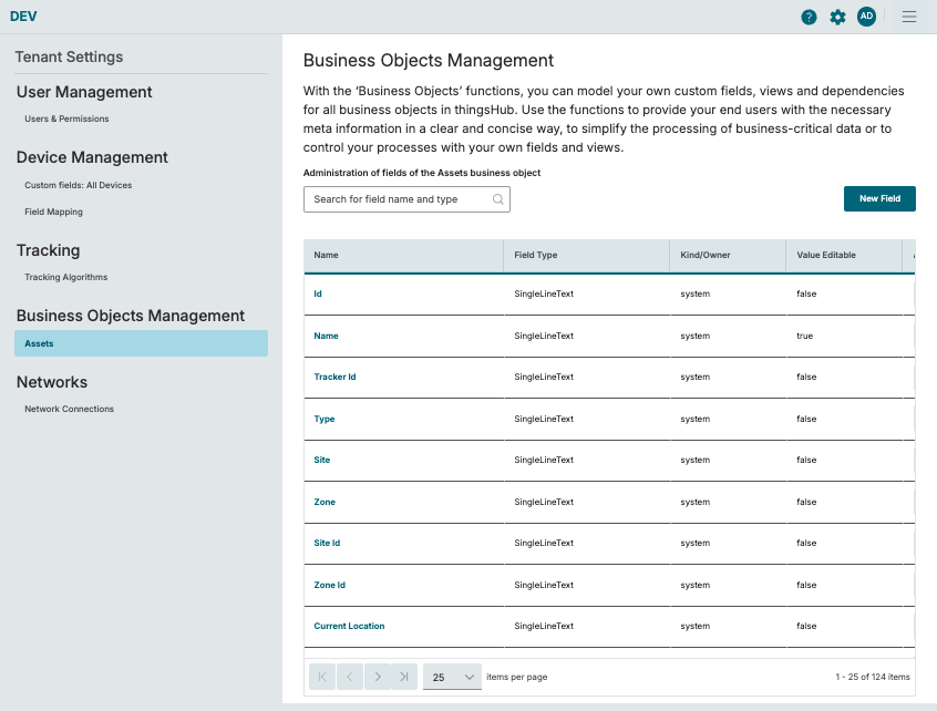 Fields of the Assets business object